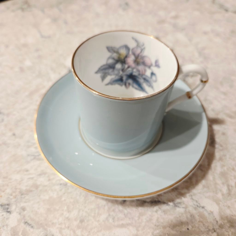 Royal Worcester Woodland Light Blue & White Floral Espresso Mug & Saucer Set